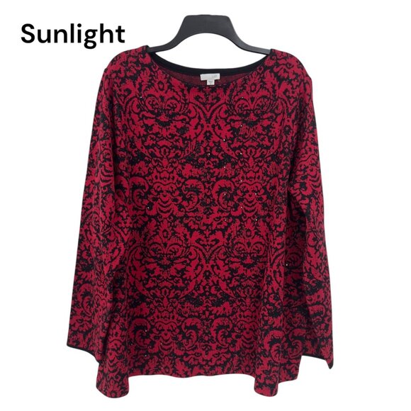 J. Jill Womens Red & Black Damask Long Sleeve Top Women Size 3X Rhinestones - Picture 1 of 12